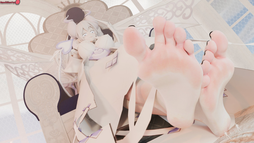 1girls 2boys 3d barefoot black_toenails breasts dress duel_monster feet female foot_fetish giantess horns labrynth_of_the_silver_castle large_breasts lovely_labrynth_of_the_silver_castle miniboy smile smolsizecat soles toes white_dress white_eyes white_hair yu-gi-oh!