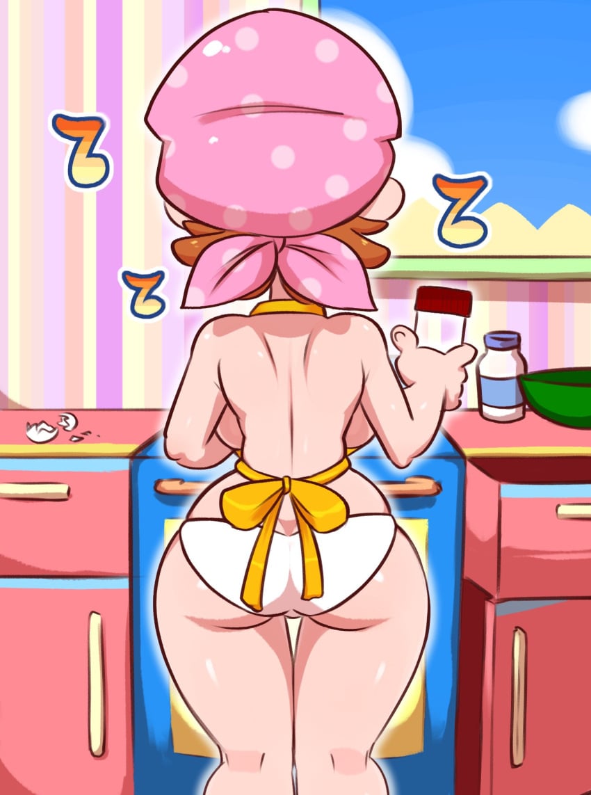 apron ass bandana casual clothing cooking cooking_mama female headwear human jellot mama_(cooking_mama) milf naked_apron outerwear pale_skin panties skindentation solo