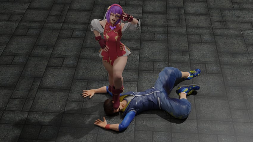 3d 3d_(artwork) athena_asamiya blender blender_(software) dominant_female domination facesit facesitting femdom femdomgamer humiliation king_of_fighters kof neo0utsider sie_kensou trample trampledgamer trampling victory victory_pose