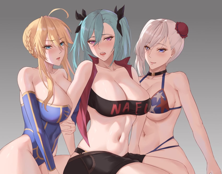 3girls akeno_(itsnafulol) american_flag_bikini aqua_eyes arm_between_breasts artoria_pendragon artoria_pendragon_(lancer) between_breasts bikini blonde_hair blue_eyes blue_hair blush boob_window braid breasts cleavage cleavage_cutout cowlick fate/grand_order fate_(series) flag_print freed_turing french_braid hair_between_eyes hair_ornament hair_ribbon huge_breasts jacket jealous leotard licking_lips miyamoto_musashi_(fate) miyamoto_musashi_(swimsuit_berserker) multiple_girls open_mouth pink_eyes red_jacket ribbon sitting swimsuit thick_thighs thighs tongue tongue_out twintails white_hair yuri