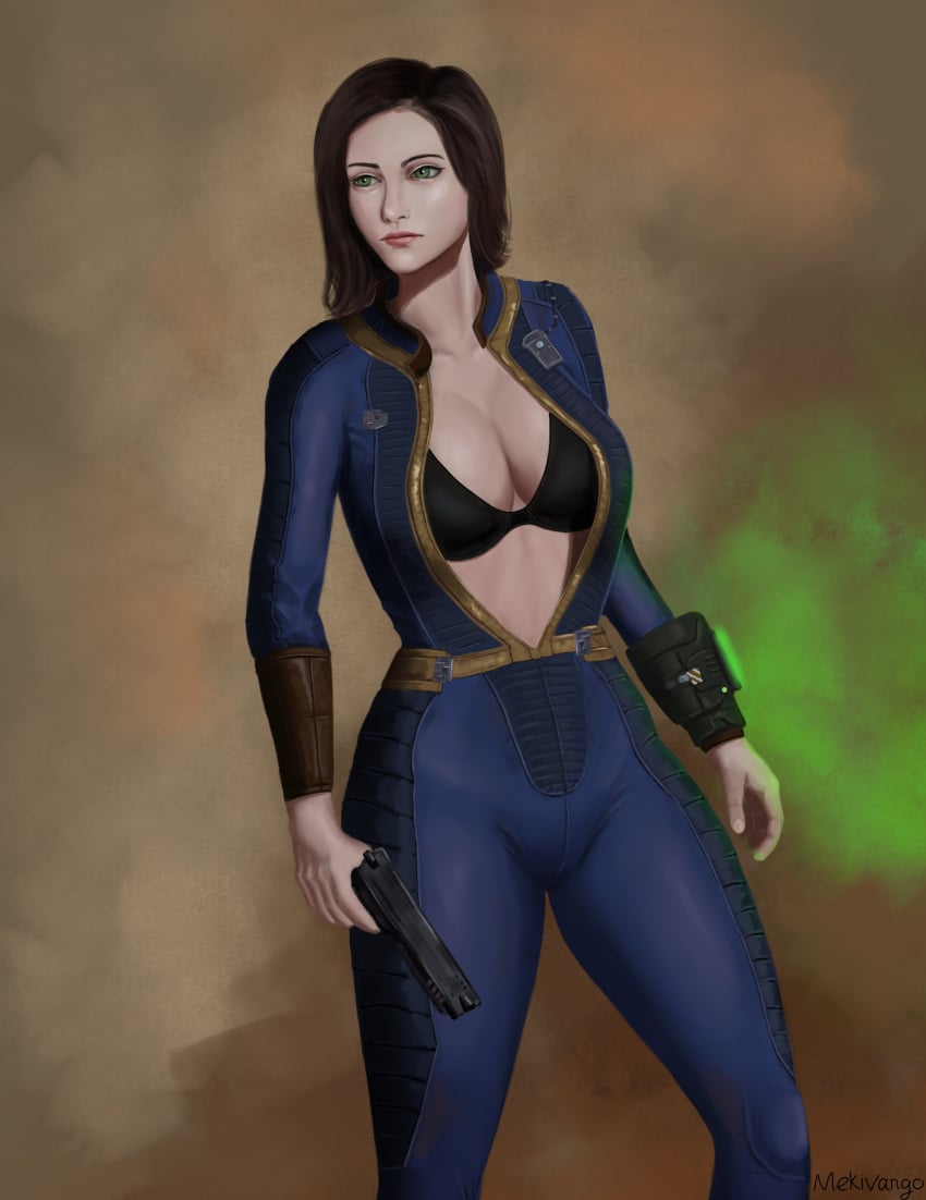 1girls 2023 2d adult_female artist_name big_breasts black_bra bodysuit bra breasts brown_hair caucasian caucasian_female cleavage clothed_female fair-skinned_female fair_skin fallout fallout_4 female female_only female_protagonist fully_clothed green_eyes gun holding_gun holding_object holding_weapon human human_female human_only light-skinned_female light_skin light_source mekivango milf no_sex nora_(fallout_4) open_clothes open_shirt pale-skinned_female pale_skin pip-boy pistol realistic_breast_size realistic_proportions sole_survivor sole_survivor_(female) solo solo_female standing tight_clothing vault_suit video_game video_game_character weapon