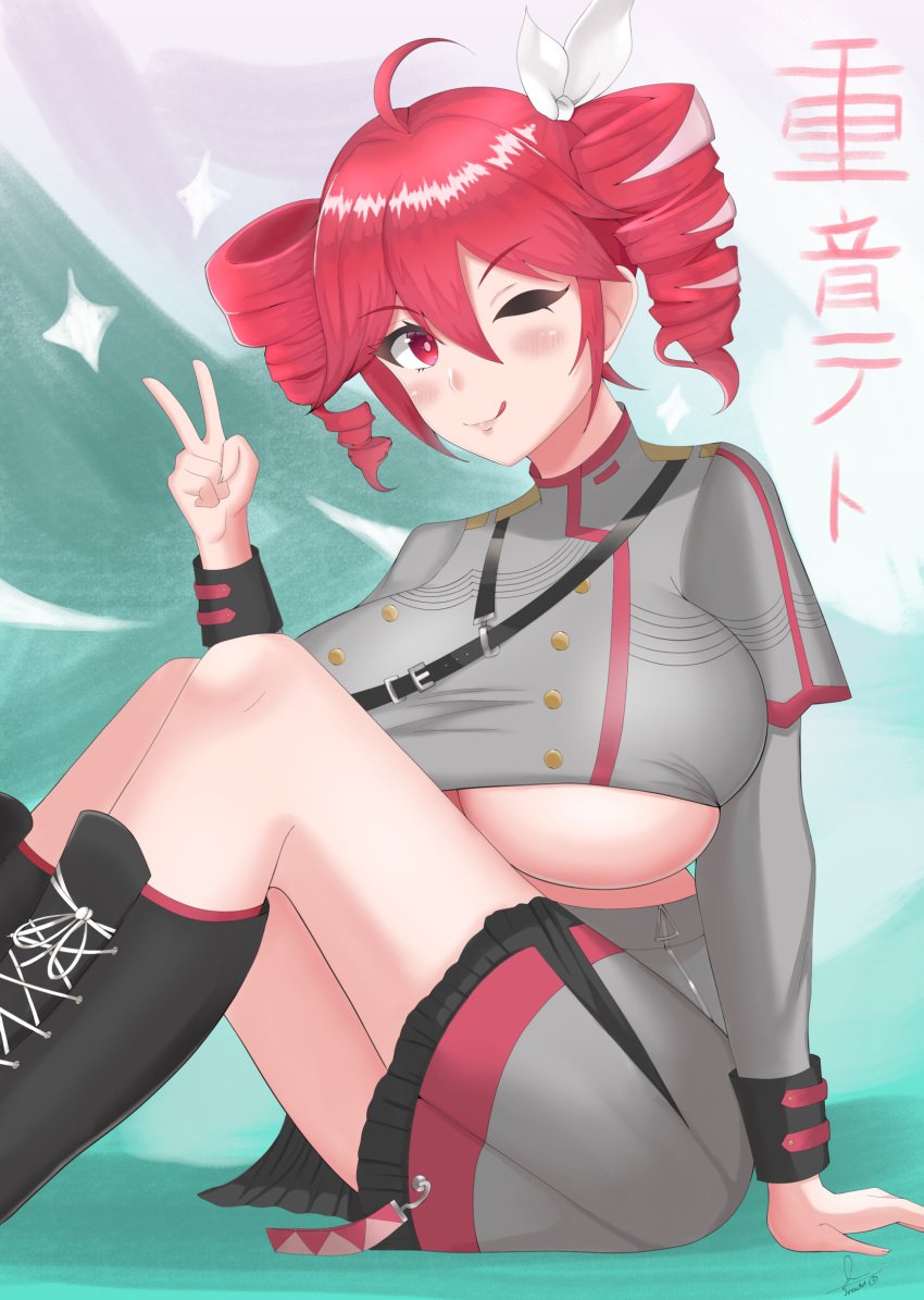 1girls :d boots drill_hair female_only huge_breasts jessuart kasane_teto kasane_teto_(sv) peace_sign pink_eyes pink_hair pleated_skirt skirt solo solo_female synthesizer_v twin_drills underboob utau v wink winking_at_viewer