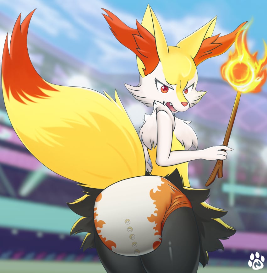 angry anthro braixen canid canine diaper female fur furry generation_6_pokemon holding_object mammal nieve nintendo orange_body orange_fur pokemon pokemon_(species) stick tail white_body white_fur yellow_body yellow_fur