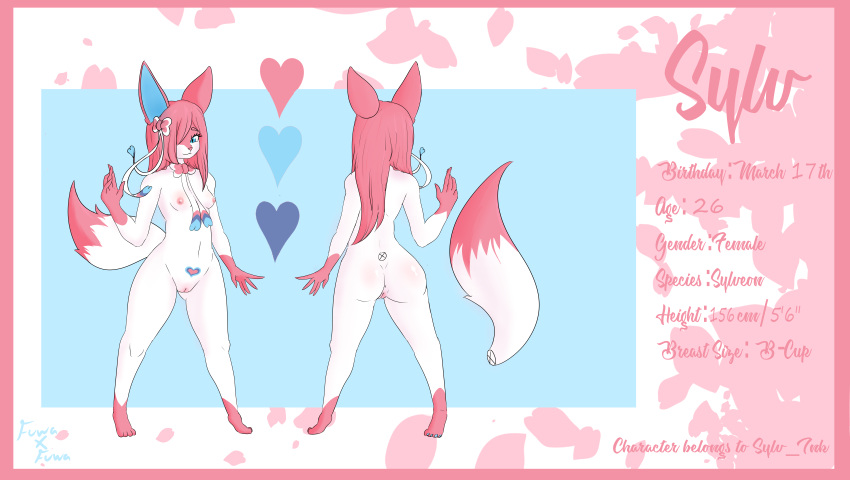 absurd_res anthro blue_eyes breasts eeveelution female generation_6_pokemon genitals hair hi_res model_sheet nintendo nipples nude pink_hair pokemon pokemon_(species) pubic_tattoo pussy solo sylv_(sylv_ink) sylveon ttv_fuwaxfuwa