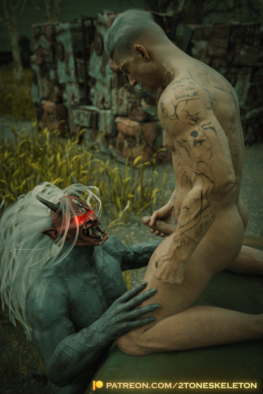 2toneskeleton cum dbd dead_by_daylight demon facial gay interspecies male/male male_only nude silver_hair size_difference tattoo the_oni vittorio_toscano yaoi