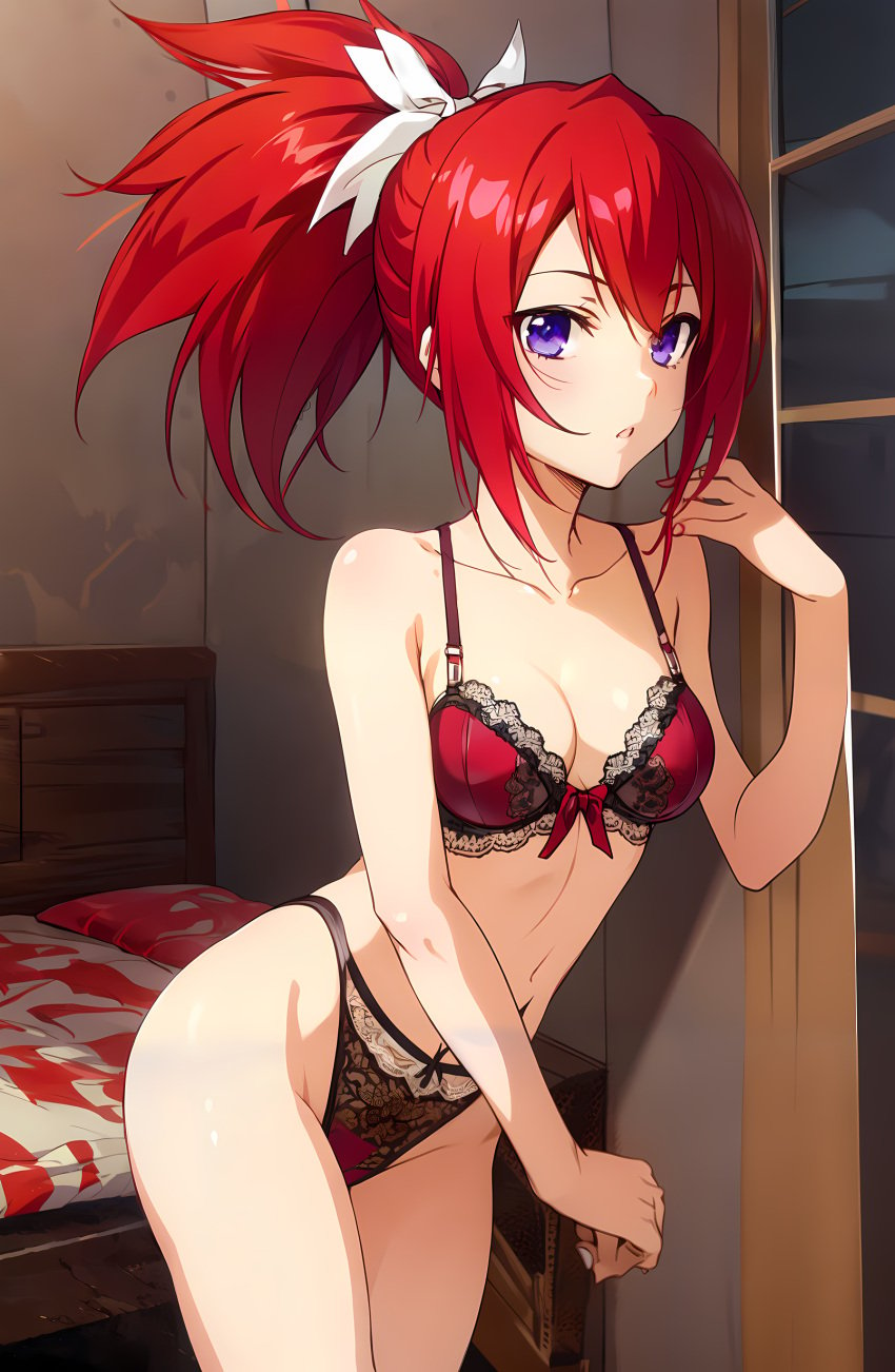 ai_generated bleach bright_hair female ichika_abarai lingerie ponytail purple_eyes red_hair solo spiky_hair stable_diffusion unstable_diffusion violet_eyes