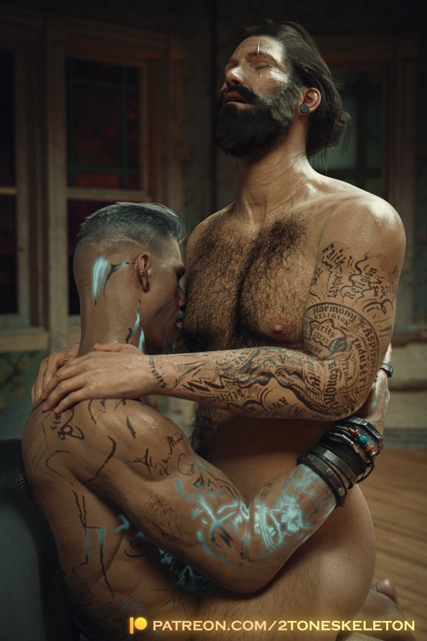 2toneskeleton bara body_hair dead_by_daylight jeff_johansen licking_nipples male/male male_only nude tattoo vittorio_toscano