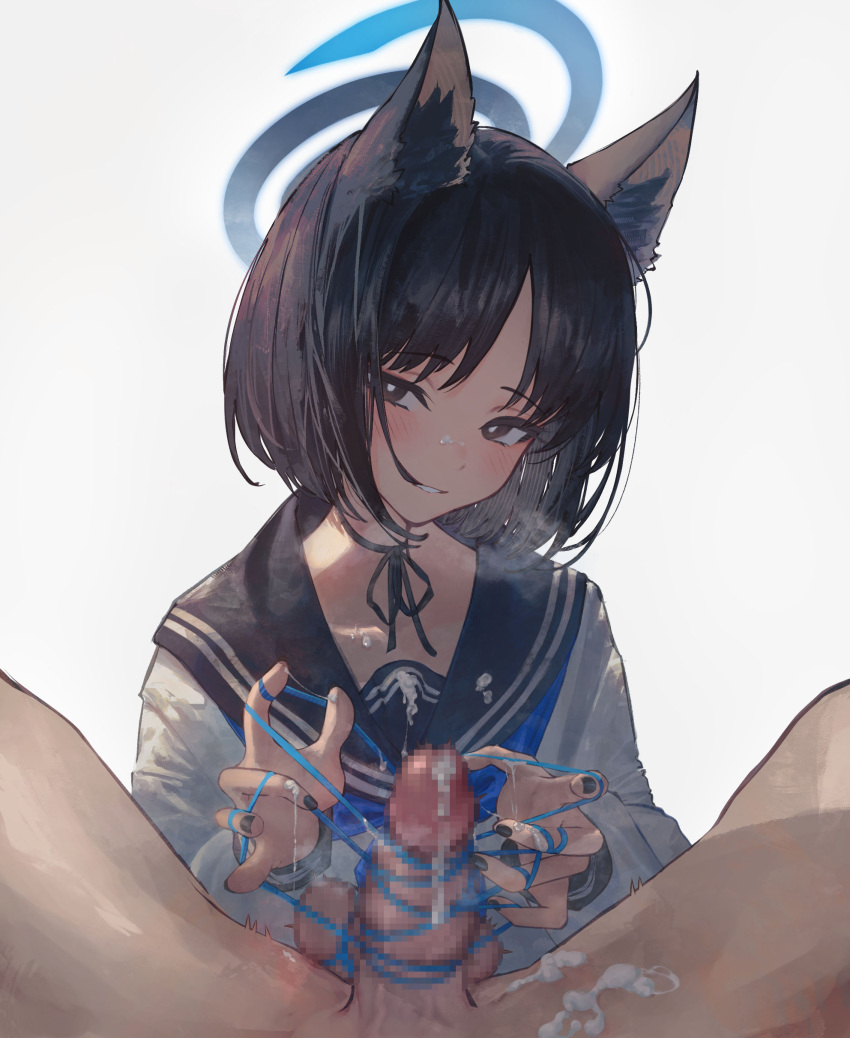 1boy 1girls absurdres allied_hyakkiyako_academy_student animal_ears betabeet black_eyes black_hair black_sailor_collar blue_archive blue_halo blue_neckerchief cat_ears censored cum cum_on_self female halo highres hyakkaryouran_conflict_resolution_council_(blue_archive) kikyou_(blue_archive) light-skinned_female light-skinned_male light_skin long_sleeves looking_at_viewer mosaic_censoring neckerchief penis sailor_collar short_hair simple_background upper_body white_background