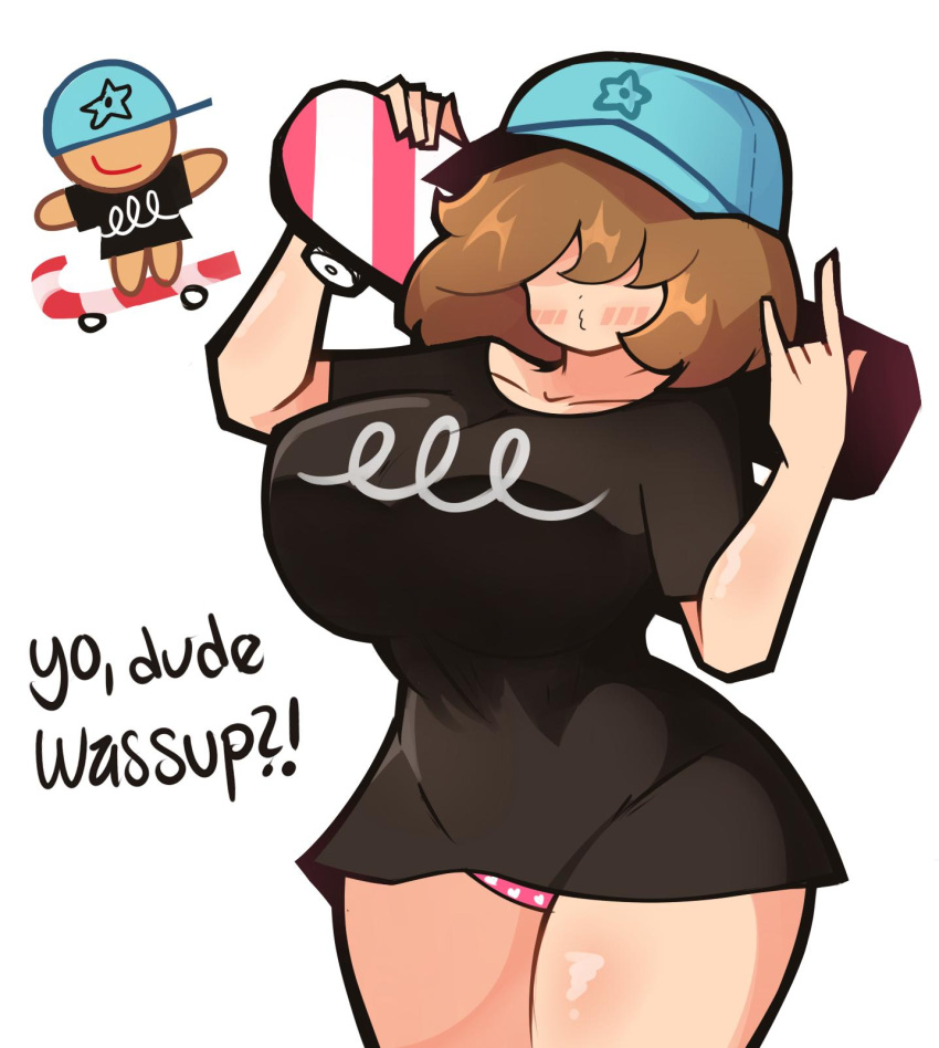 baseball_cap big_breasts blush breasts brown_hair busty candy_cane ch3rrycupcakes cookie_run cookie_run_ovenbreak devil_horns english_text female female_focus female_only genderswap genderswap_(mtf) hair_over_eye hair_over_eyes hair_over_one_eye huge_breasts human humanization humanized humanized_cookie humanoid kissy_face no_eyes no_pants pale_skin panties pantless pink_panties rule_63 short_hair skateboard skater skater_cookie solo solo_female source_deleted source_not_archived thick_thighs thighs unknown_source