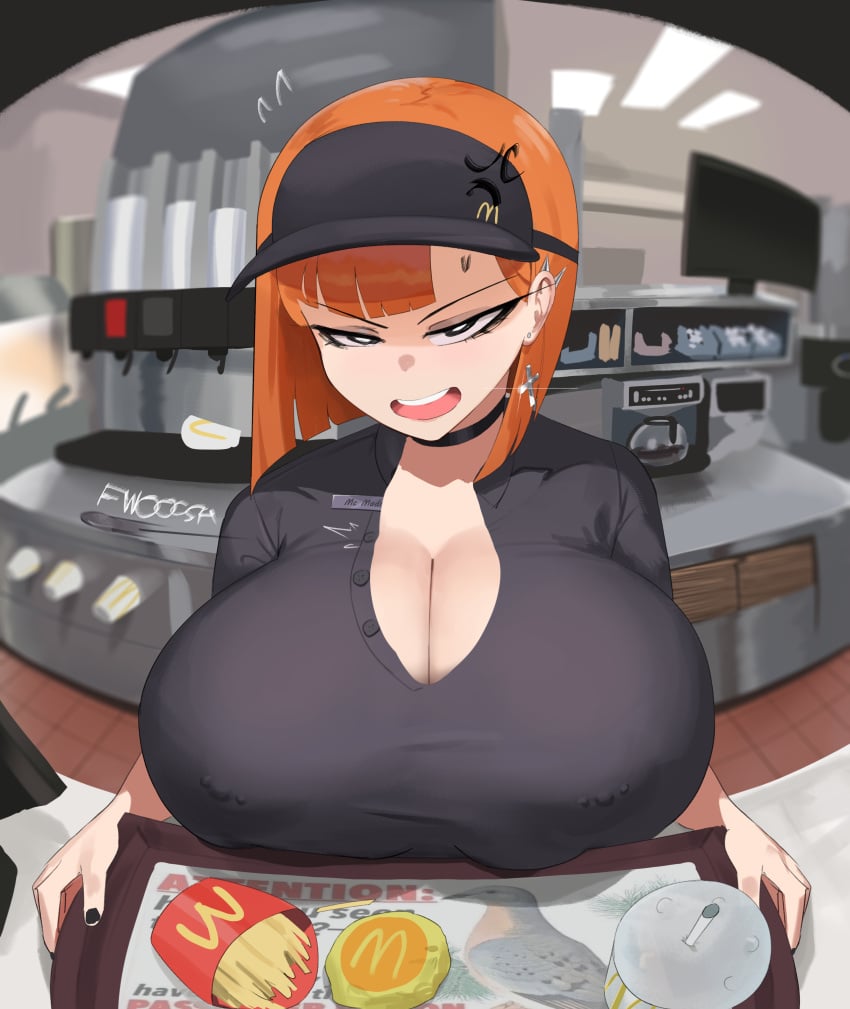 1girls alternate_breast_size big_breasts black_shirt booruguru breasts busty choker cleavage curvaceous curvy curvy_body curvy_female curvy_figure ear_piercing earrings female french_fries fries goth goth_(booruguru) goth_girl huge_breasts large_breasts mcdonald's milf mom_(japanese_mcdonald's_commercial) mother nipple_piercing nipples_visible_through_clothing orange_hair pierced_nipples voluptuous yoru_mac