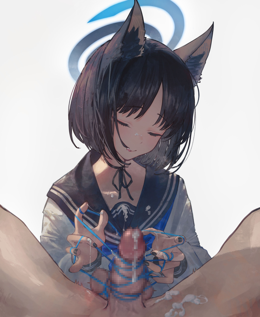 1boy 1girls absurdres allied_hyakkiyako_academy_student animal_ears betabeet black_hair black_sailor_collar blue_archive blue_halo blue_neckerchief cat_ears censored closed_eyes cum cum_on_self female halo highres hyakkaryouran_conflict_resolution_council_(blue_archive) kikyou_(blue_archive) light-skinned_female light-skinned_male light_skin long_sleeves mosaic_censoring neckerchief penis sailor_collar short_hair simple_background upper_body white_background