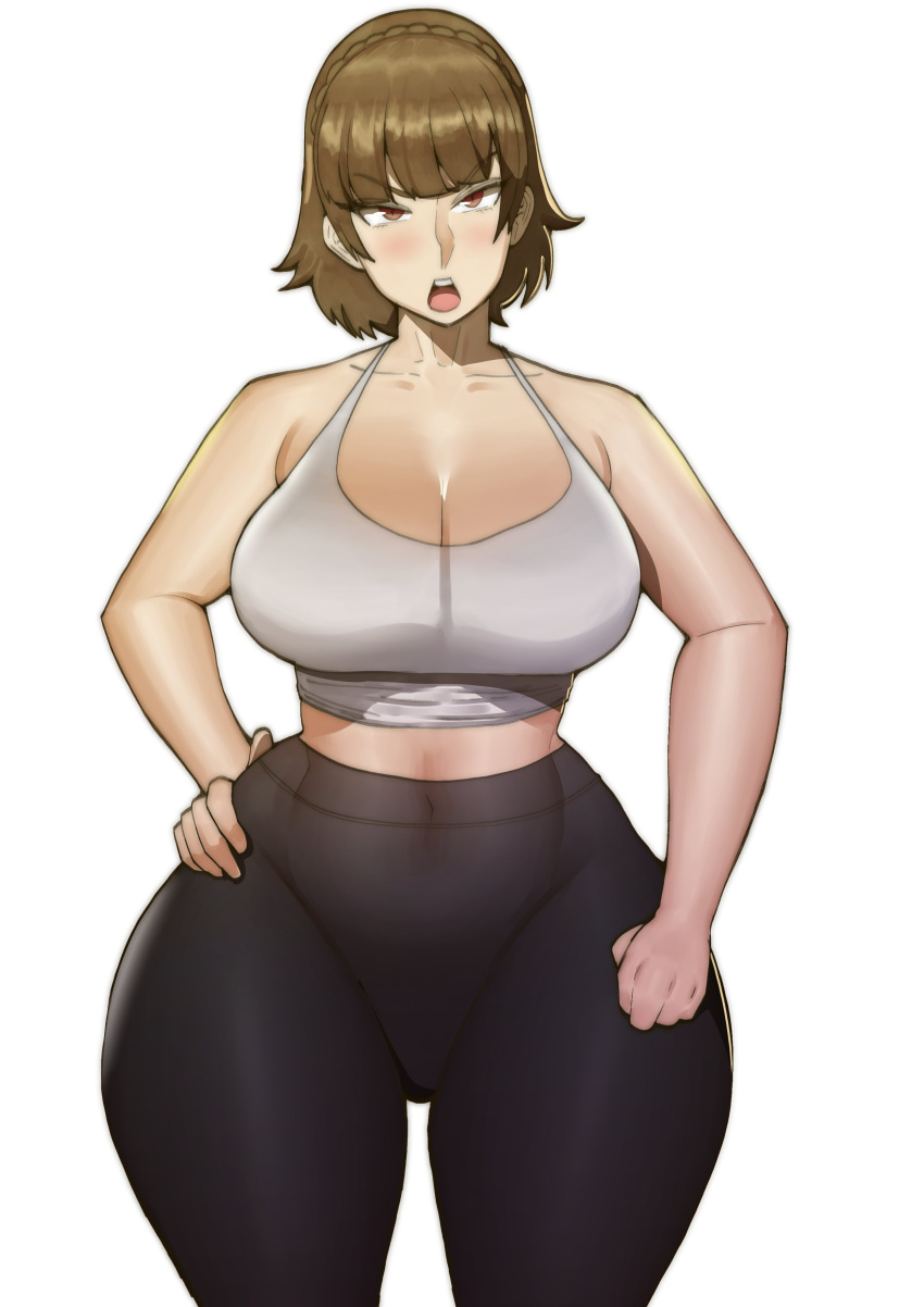 1girls alternate_body_type ass atlus bottom_heavy breasts brown_hair dat_ass doublehero female hips huge_ass huge_breasts light-skinned_female light_skin makoto_niijima persona persona_5 short_hair simple_background sports_bra sportswear thick_thighs thighs tight_clothing wide_hips yoga_pants