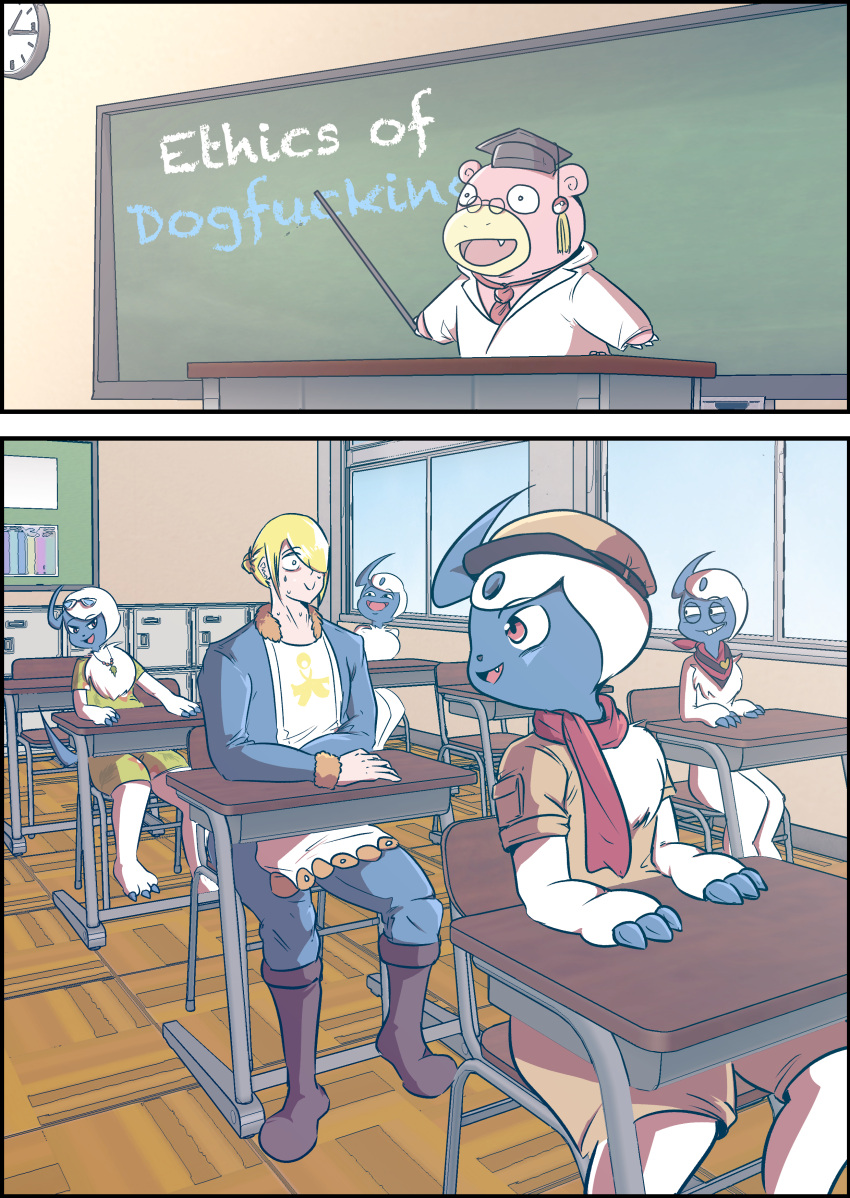 absol absurd_res anthro chalkboard classroom classroom_desk female generation_1_pokemon generation_3_pokemon group hi_res holowear_(pokemon) human locker male mammal nintendo pokemon pokemon_(species) pokemon_unite school slowbro tapirclip volo_(pokemon)