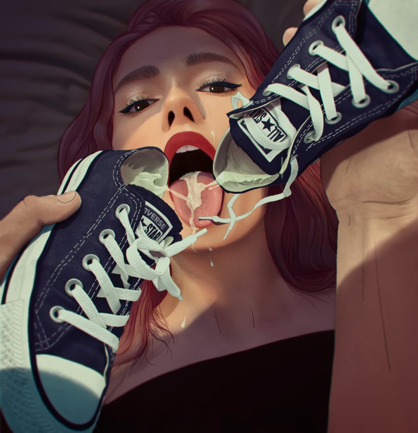 converse cum cum_in_mouth cum_in_shoe eye_contact female open_mouth pouring red_hair semen sneakers tagme versecon wet