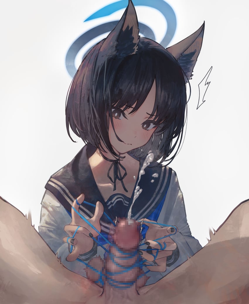 1boy 1girls absurdres allied_hyakkiyako_academy_student animal_ears betabeet black_eyes black_hair black_sailor_collar blue_archive blue_halo blue_neckerchief cat_ears censored cum ejaculation female halo highres hyakkaryouran_conflict_resolution_council_(blue_archive) kikyou_(blue_archive) light-skinned_female light-skinned_male light_skin long_sleeves looking_at_penis mosaic_censoring neckerchief penis sailor_collar short_hair simple_background upper_body white_background