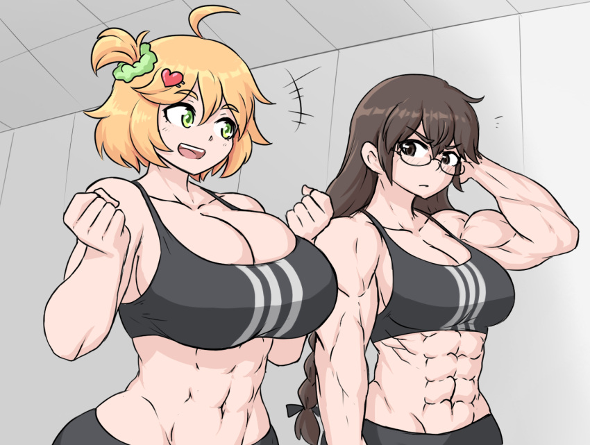 2girls abs big_breasts black_eyes black_hair blonde_hair blush_lines boob_window breasts green_eyes gym gym_clothing huge_breasts medium_support_(meme) meme multiple_girls muscular_female sheepapp smiling sports_bra thin_waist