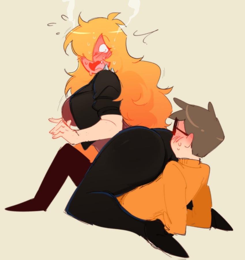 accidental_circumstance ass blush blushing blushing_profusely bully couple embarrassed female_on_top firemauer(artist) leather_jacket meow_boop nerd_(nerd_and_jock) nerd_and_jock_(webcomic) orange_hair sitting_on_person tiger_(nerd_and_jock)