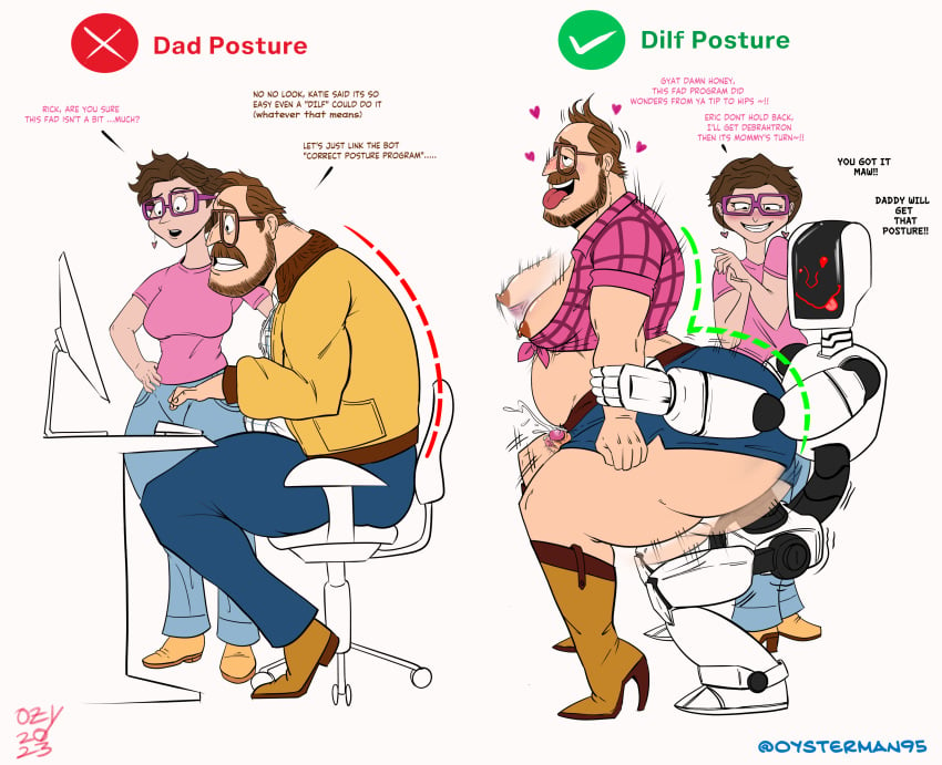 1girls 2boys anal anal_sex ass beard boots breasts brown_hair chair computer correct correct_gaming_posture_(meme) crop_top desk dildo_in_ass dilf eric_(the_mitchells_vs._the_machines) female_supporting_yaoi femboy_dilf gaming gay glasses heels husband_and_wife light-skinned_female light-skinned_male light_skin linda_mitchell male_penetrated meme milf ozy_(artist) posture rick_mitchell robot shitpost sissification sissy tagme the_mitchells_vs._the_machines thick_ass thick_thighs white_background