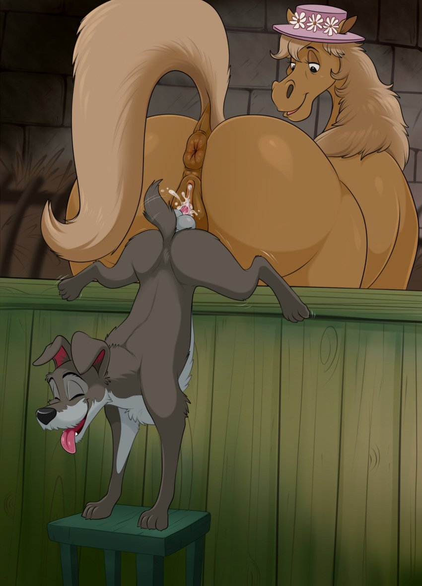 1boy1girl 2023 anthro anus brown_body brown_fur canid canine canis disney domestic_dog duo equid equine female feral feral_on_feral frou-frou fur genitals grey_body grey_fur hi_res horse interspecies knotting lady_and_the_tramp lonbluewolf looking_back male male/female mammal multicolored_body multicolored_fur penetration ponut pussy sex the_aristocats tramp_(lady_and_the_tramp) two_tone_body two_tone_fur vaginal_penetration