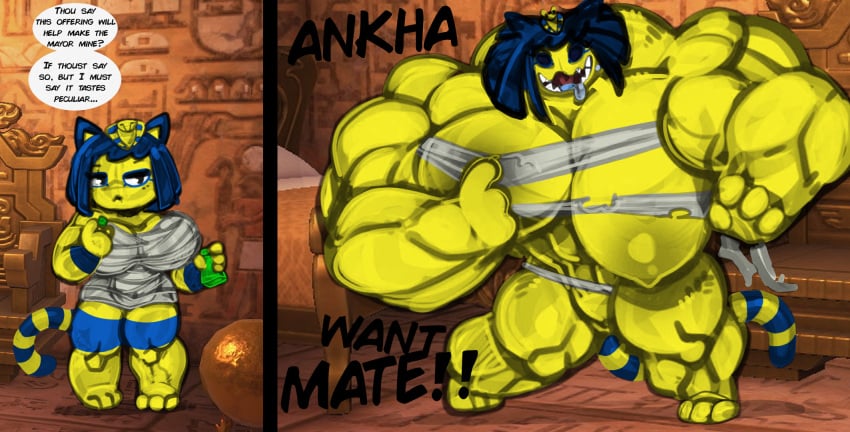 animal_crossing ankha ankha_(animal_crossing) colored crazy_eyes crazy_smile dialogue edit horny_female muscle_growth muscles muscular_arms muscular_female muscular_thighs text toonpower transformation