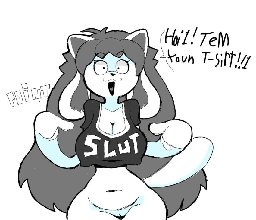 2023 :3 anthro belly big_breasts black_clothing black_shirt black_topwear bottomless breasts canid cleavage clothed clothing cute_fangs dialogue digital_media_(artwork) eks-out english_text eyebrow_through_hair eyebrows felid female fur genitals gesture grey_hair hair huge_breasts hybrid long_hair long_tail mammal multi_ear navel onomatopoeia open_mouth open_smile partially_clothed pointing pointing_at_self pussy shirt shirt_only simple_background slightly_chubby small_waist smile solo sound_effects speech_bubble standing tail talking_to_viewer tem temmie_(undertale) text text_on_clothing text_on_shirt text_on_topwear thick_tail toony topwear topwear_only translucent translucent_hair undertale undertale_(series) white_background white_body white_fur wide_hips