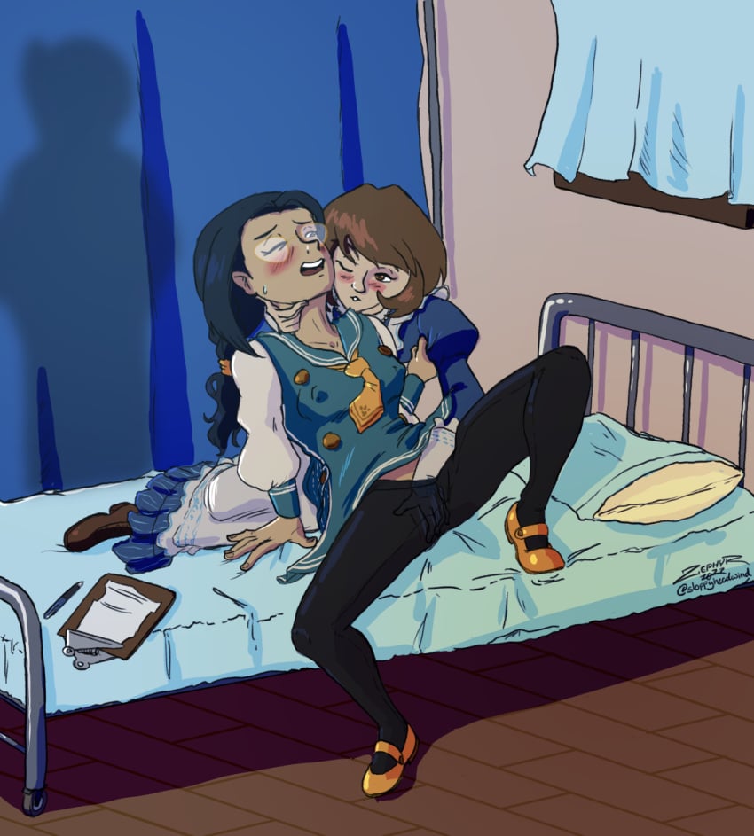 1boy 2girls black_hair brown_hair clothed_sex detailed_background doctors_office elli_(harvest_moon) female/female fingering glasses harvest_moon mary_(harvest_moon) sloppyheadwind story_of_seasons story_of_seasons:_friends_of_mineral_town yuri yuri