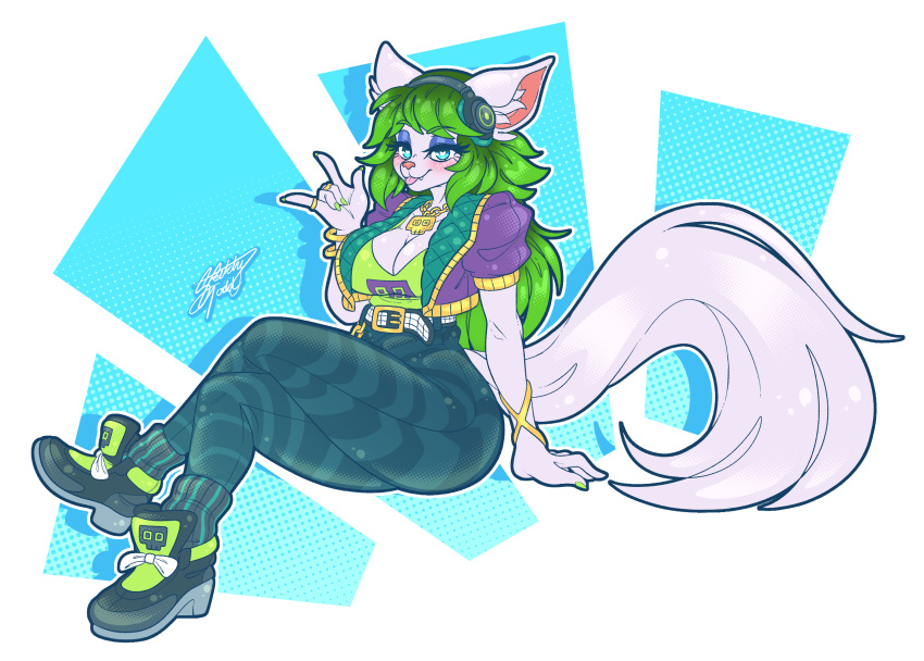 abstract_background anthro big_breasts bling blue_eyes blush bottomwear breasts canid canine clothing crossed_legs female fox fur green_bottomwear green_clothing green_hair green_pants hair hi_res long_hair mammal paladins pants salt_(paladins) sketchytodd solo white_body white_fur yoga_pants