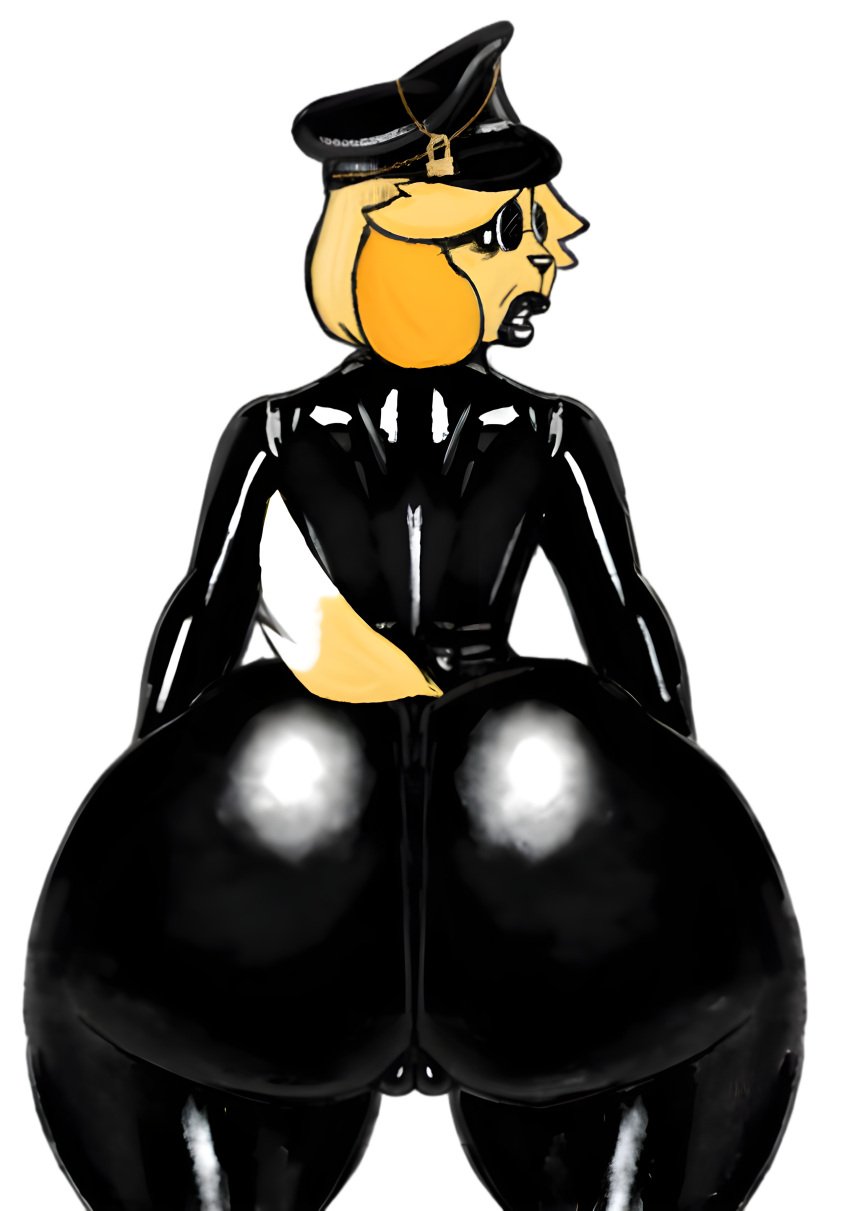 absurd_res animal_crossing anthro ass bdsm_gear big_butt black_leather black_lipstick black_skinsuit camel_toe canid canine canis chains clothing dog domestic_dog dominant dominant_female eye_bags eyewear female floppy_ears frown genitals hat headgear headwear hi_res huge_butt isabelle_(animal_crossing) jojispoon88 latex latex_clothing lipstick lock looking_back makeup nintendo pussy scowl shih_tzu short_hair short_stack showing_teeth skinsuit solo sunglasses tail thick_thighs threatening tight_clothing tight_suit wide_hips