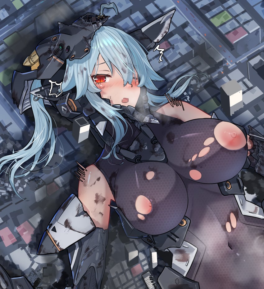 2023 big_breasts cyborg giantess huge_breasts m004_(natsukaze_shigure) mecha natsukaze_shigure nipples red_eyes tagme torn_clothes wardrobe_malfunction