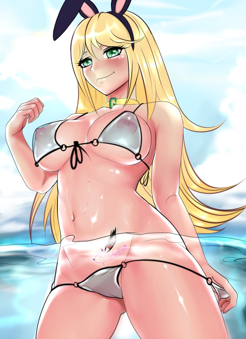 absurdres animal_ears beach blonde_hair blush breasts choker collar commission female female_only geone green_eyes highres long_hair lying nipples non-web_source rabbit_ears see-through stylesuns swimsuit transparent_clothing underwater vrchat water