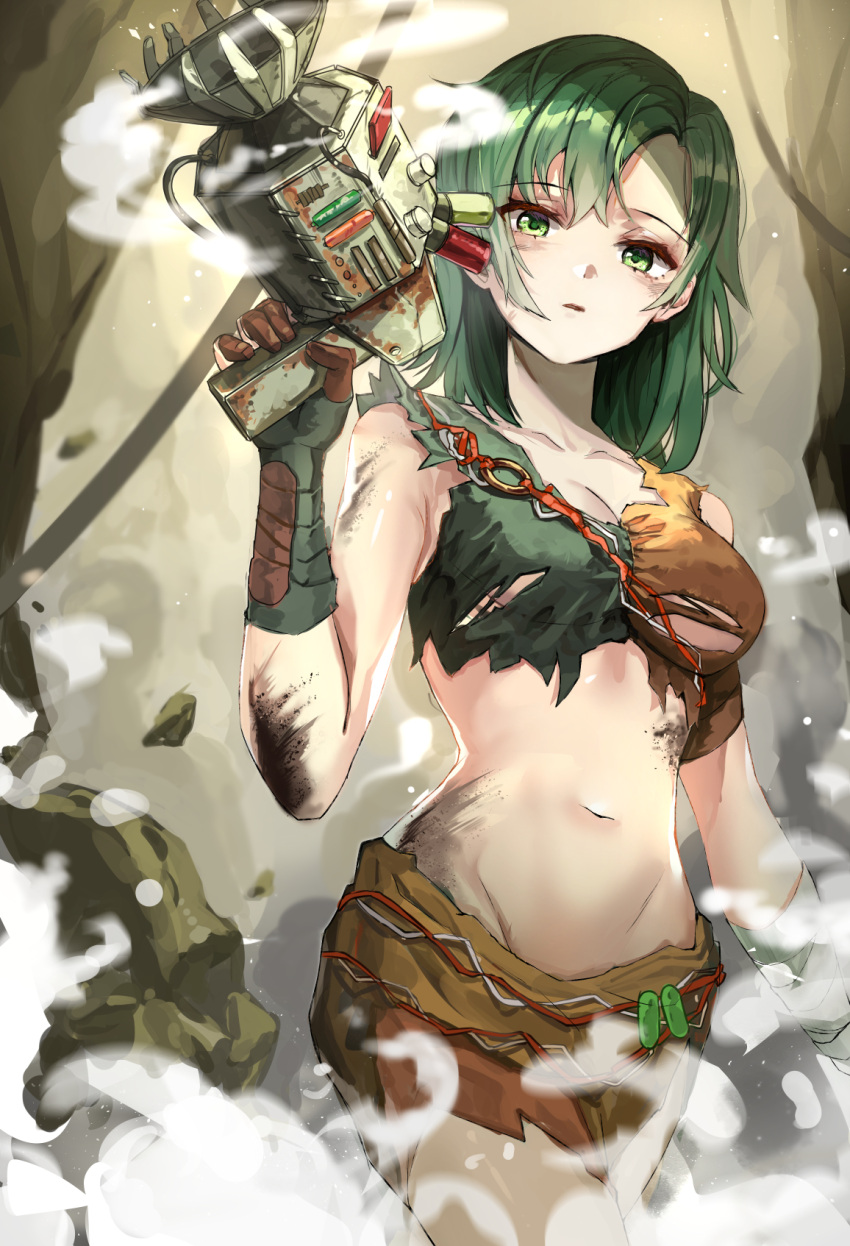 bad_id bare_arms bare_shoulders breasts brown_gloves bruise children_of_atom cleavage collarbone crop_top dopoing fallout fallout_4 fallout_shelter_online female gloves green_eyes green_hair green_shirt gun hand_up highres holding holding_gun holding_weapon injury looking_at_viewer medium_breasts midriff mother_isolde navel o-ring orange_shirt parted_lips skirt solo steam torn_clothes weapon