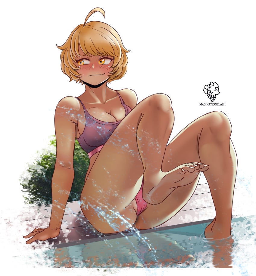 1girls ass blonde_hair bloomers blush blushing_profusely breasts cleavage crovoic feet female female_focus female_only looking_away pink_bloomers pool poolside purple_sports_bra reflection saiko_no_sutoka short_hair sports_bra thighs water yellow_eyes yellow_hair yui_ichikawa_(saiko_no_sutoka)