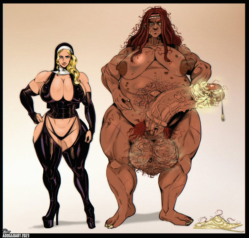 1futa 1girls 2020s 2023 adoggoart angry_face artist_name artist_signature balls beige_background belly black_background blonde_hair boots breasts brown_hair bumpy_penis character_sheet chocolate_and_vanilla clothed clothing cock_ring commission cum_on_floor cum_pile dark-skinned_futanari dark_skin dawn_(enemystand) dreadlocks dreads erection female futa_on_female futa_pubic_hair futanari gradient_background hairy_belly happy_trail hood huge_balls huge_cock human humanoid_penis large_belly large_breasts large_feet large_nipples large_penis leather light-skinned_female light_skin long_hair long_nipples moles muscular muscular_female muscular_futanari navel nipples nun nun_(enemystand) outie_navel overweight overweight_futanari partially_clothed penis pot_belly pubic_hair pubic_hair_in_smegma revealing_clothes scar sheath size_difference skindentation slob smegma smegma_on_floor standing stray_pubic_hair strongfat ugly_bitch unusual_penis yellow_cum yellow_smegma