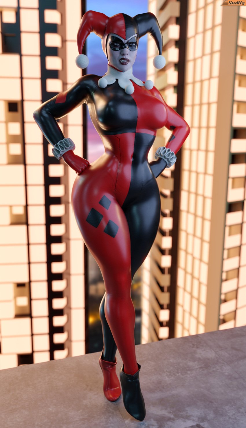 1girls 3d 3d_(artwork) batman:_arkham_knight batman_(series) black_lipstick blender_(software) bodysuit clown clown_girl dc dc_comics eye_mask female female_only fully_clothed hands_on_hips harley_quinn harley_quinn_(classic) harley_quinn_(injustice) heels hourglass_figure injustice_2 jester jester_hat jester_outfit large_breasts makeup netherrealm_studios one_leg_forward pale-skinned_female pale_skin pinup pose skin_tight skintight_bodysuit smitty34 solo solo_female tagme thick_thighs tight_clothing voluptuous voluptuous_female wide_hips wrist_ribbon