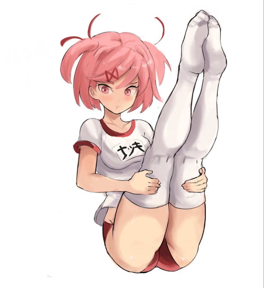 1girls 2021 :t awooga_awooga blush breasts doki_doki_literature_club gym_uniform holy_shit_shes_so_cute mommy natsuki_(doki_doki_literature_club) pink_eyes pink_hair pout rakeemspoon simple_background thighhighs thighs white_background