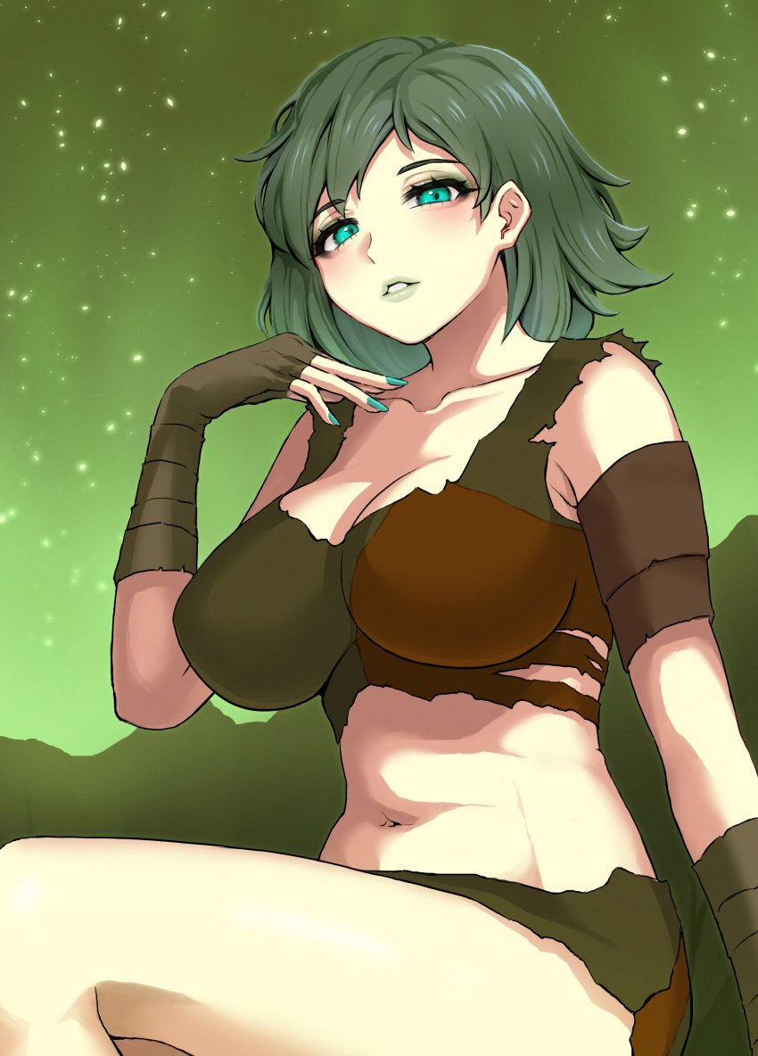 armband big_breasts blush breasts children_of_atom cleavage collarbone fallout fallout_4 fallout_shelter_online female green_hair green_lips green_skirt green_sky hair_behind_ear hand_on_breast highres large_breasts looking_down medium_hair midriff mother_isolde navel parted_lips radiation sitting skirt solo terumin_(yuganda_sebone) torn_clothes wasteland