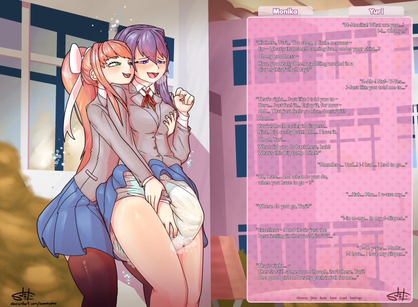 2girls abdl diaper doki_doki_literature_club english_text groping groping_breasts groping_from_behind highres manipulation messy_diaper monika_(doki_doki_literature_club) multiple_girls scat soiling swootydoo wet_diaper yuri_(doki_doki_literature_club)