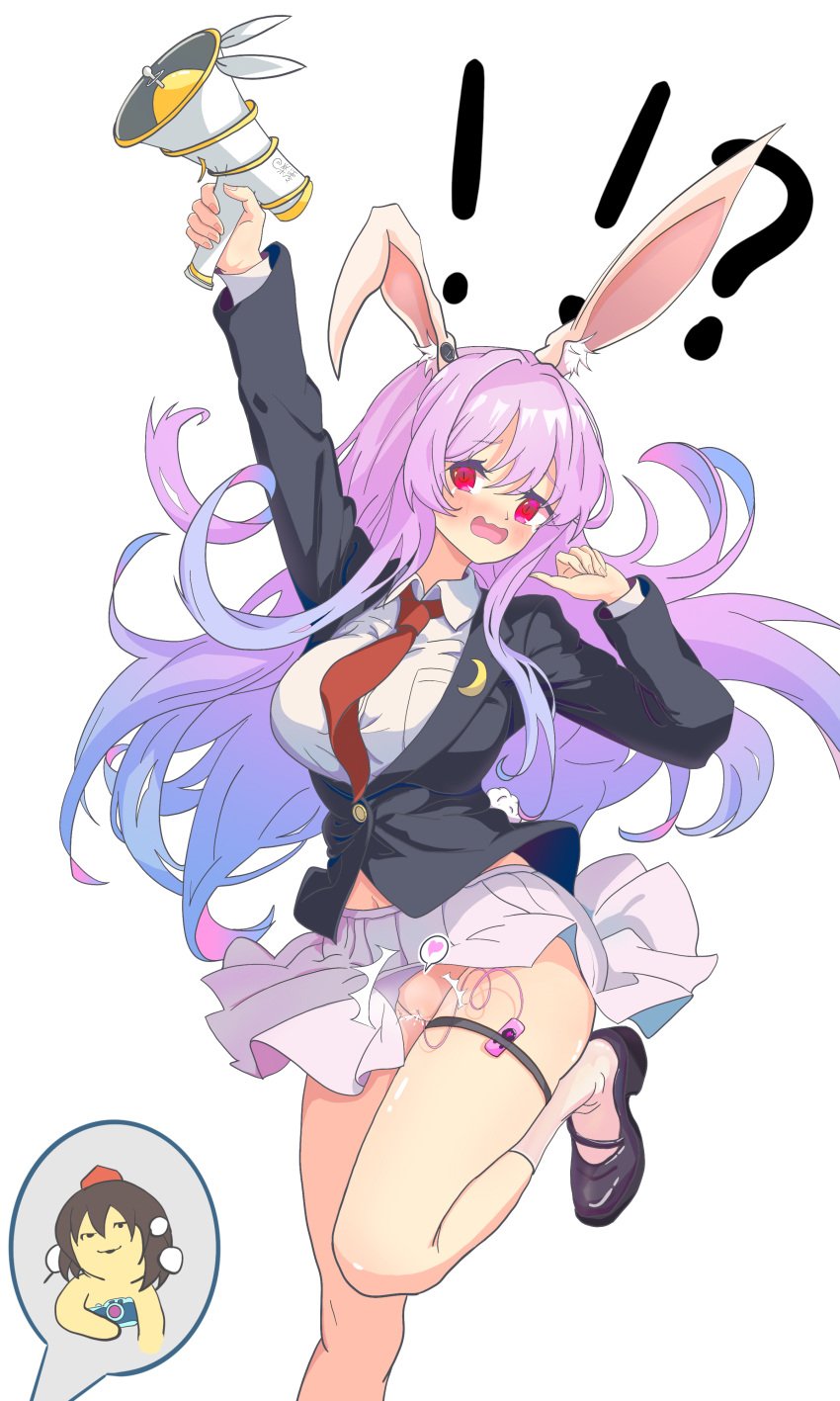 2girls big_breasts blush bunny_ears bunny_girl duo embarrassed female female_focus female_only gun kagurachiriri kimeemaru long_hair multiple_girls no_panties open_mouth purple_hair pussy red_eyes reisen_udongein_inaba sex_toy shameimaru_aya skirt_lift socks standing standing_on_one_leg touhou vaginal_penetration