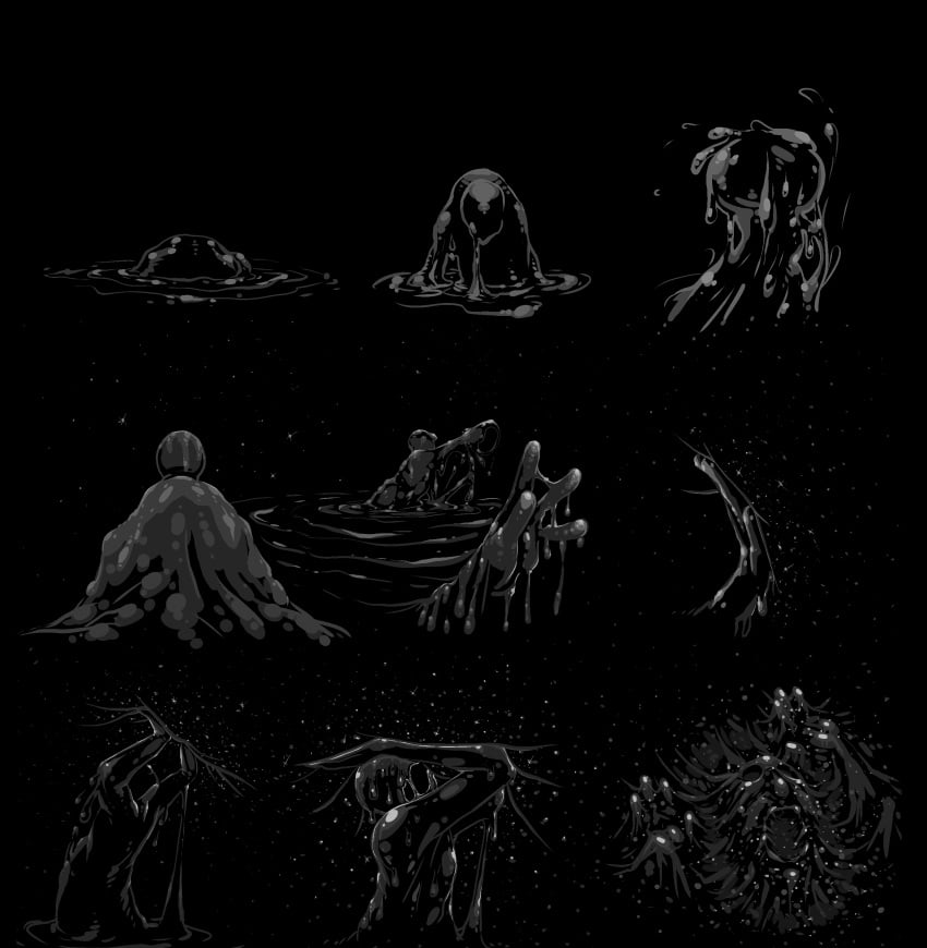 ambiguous_gender black_background comic dream_sequence goo_creature implied_pregnancy loodles monochrome monster no_dialogue pizza_tower prelude slime slime_monster surreal unborn_kicking