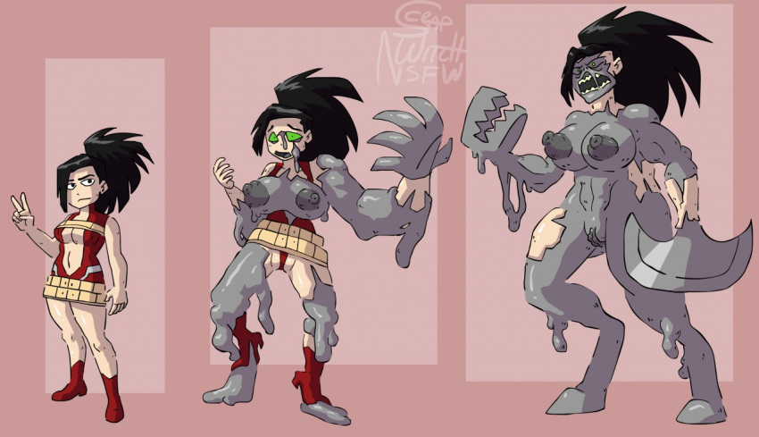 before_and_after corruption female hair_growth momo_yaoyorozu monsterification my_hero_academia scrapcorcist skin_color_change skin_split species_transformation transformation transformation_sequence