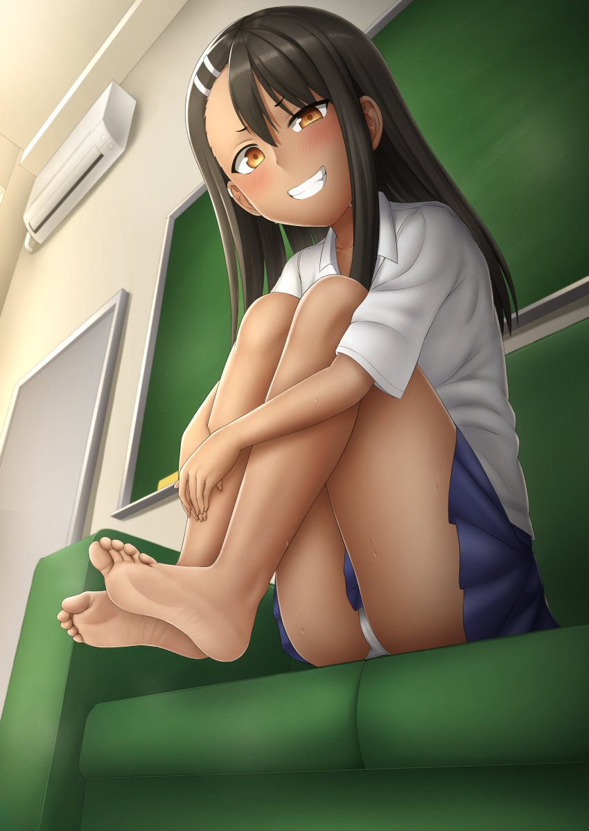 1girls black_hair breasts brown_eyes clothed clothing female female_focus female_only hayase_nagatoro hi_res highres human human_only long_hair please_don't_bully_me,_nagatoro revealing_clothes simple_background sitting skirt small_breasts smile solo spiritsprite tan tan-skinned_female tan_body tan_skin tanned tanned_female upskirt