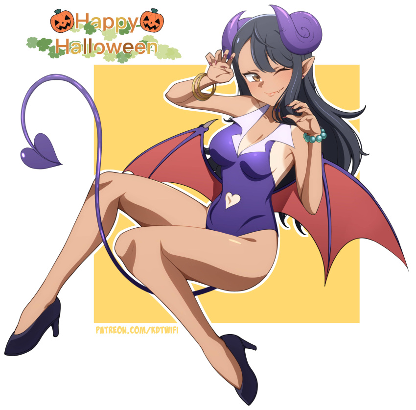 1girls black_hair breasts brown_eyes clothed clothing demon_girl demon_horns demon_tail demon_wings fangs female female_focus female_only hayase_nagatoro hi_res high_heels highres human human_only kdtwifi leotard long_hair medium_breasts navel please_don't_bully_me,_nagatoro pose revealing_clothes simple_background solo succubus tan tan-skinned_female tan_body tan_skin tanline tanned tanned_female watermark wink