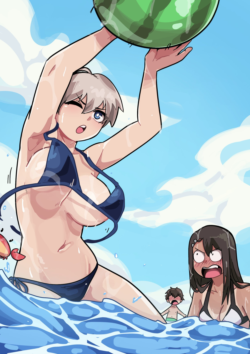 1boy 2girls beach big_breasts black_hair blue_eyes breasts brown_eyes brown_hair cleavage clothed clothing crossover curvy dashi_art female female_focus hayase_nagatoro hi_res highres human human_only long_hair looking_at_viewer male multiple_girls naoto_hachioji_(senpai) navel ocean please_don't_bully_me,_nagatoro revealing_clothes short_hair silver_hair simple_background small_breasts tan tan-skinned_female tan_body tan_skin tanned tanned_female uzaki-chan_wa_asobitai! uzaki_hana watermark wide_hips