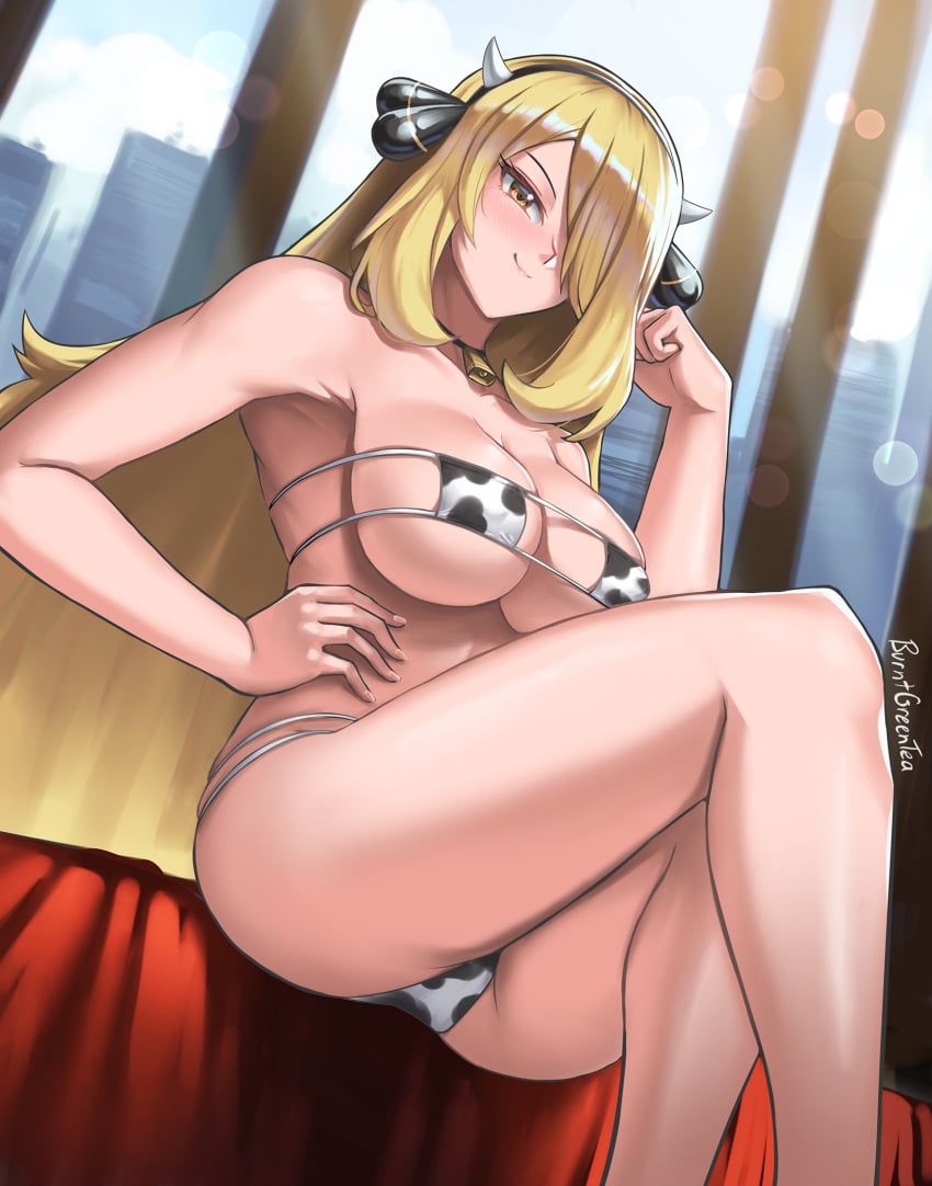 1girls bell bell_choker bikini blonde blonde_female blonde_hair blonde_hair_female breasts buildings burnt_green_tea choker cow_horns cow_print cow_print_bikini cow_print_swimsuit cowbell cynthia_(pokemon) eyepatch_bikini fake_horns hair_ornament hair_over_one_eye hand_on_hip large_breasts long_hair looking_at_viewer milf nintendo pokémon pokemon pokemon_champion pokemon_dppt swimsuit yellow_eyes