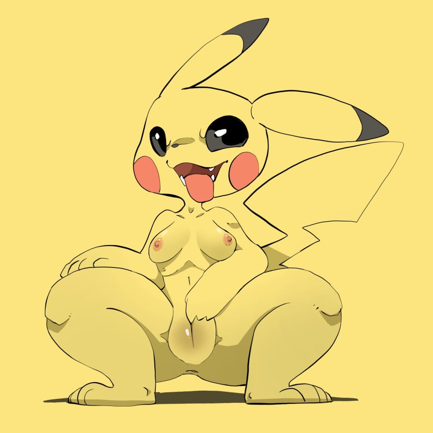 1:1 anthro anus areola biped black_eyes breasts cervikalova crouching female generation_1_pokemon genitals hi_res nintendo nipples pikachu pokemon pokemon_(species) pussy simple_background solo tongue tongue_out yellow_background yellow_body