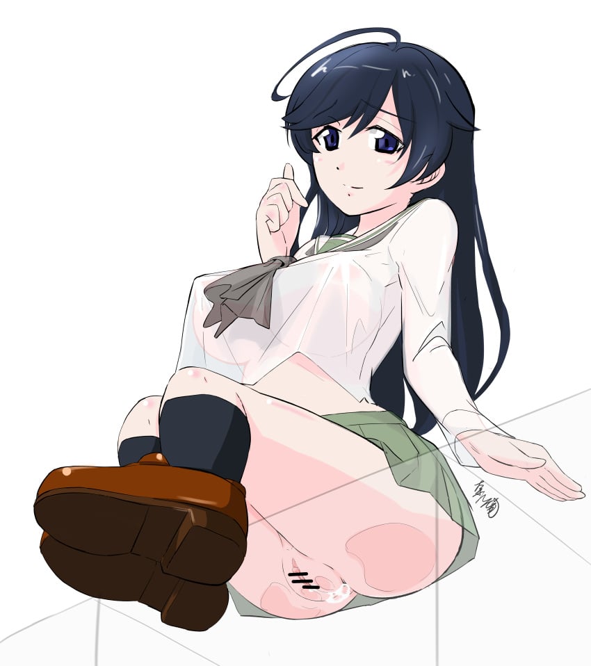 1girls absurdres after_sex after_vaginal ahoge ass black_hair black_socks blue_eyes blush breasts censor_bar closed_mouth cum cum_in_pussy female girls_und_panzer highres isuzu_hana large_breasts long_hair looking_at_viewer nandemo_kanden nipples no_bra no_panties ooarai_school_uniform pussy school_uniform see-through smile socks solo