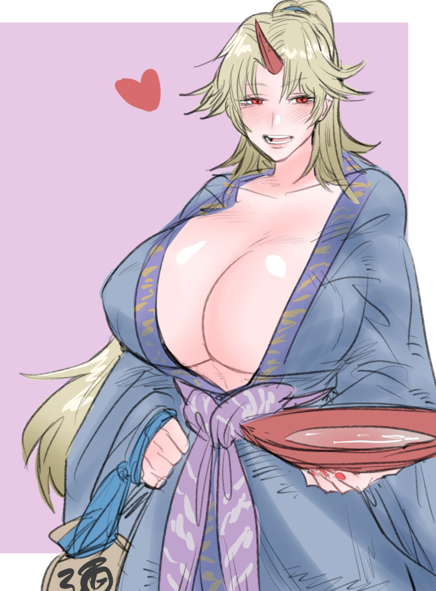 1girls big_breasts blonde_hair blush breasts breasts_bigger_than_head female gburi814 horn hoshiguma_yuugi huge_breasts japanese_clothes kimono large_breasts light-skinned_female long_hair oni red_eyes sake smile solo standing touhou