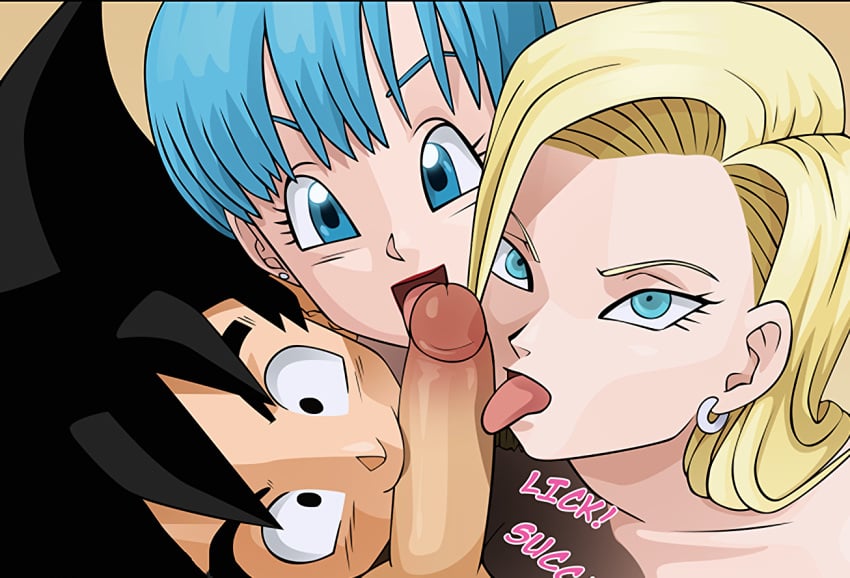 2boys 2girls android_18 black_hair blonde_hair blue_hair bulma_briefs dragon_ball dragon_ball_(series) earrings fellatio ffmm_foursome foursome looking_at_viewer looking_up male_pov mouth_on_penis nearphotison oral oral_sex penis pov son_goku tongue_on_penis yaoi