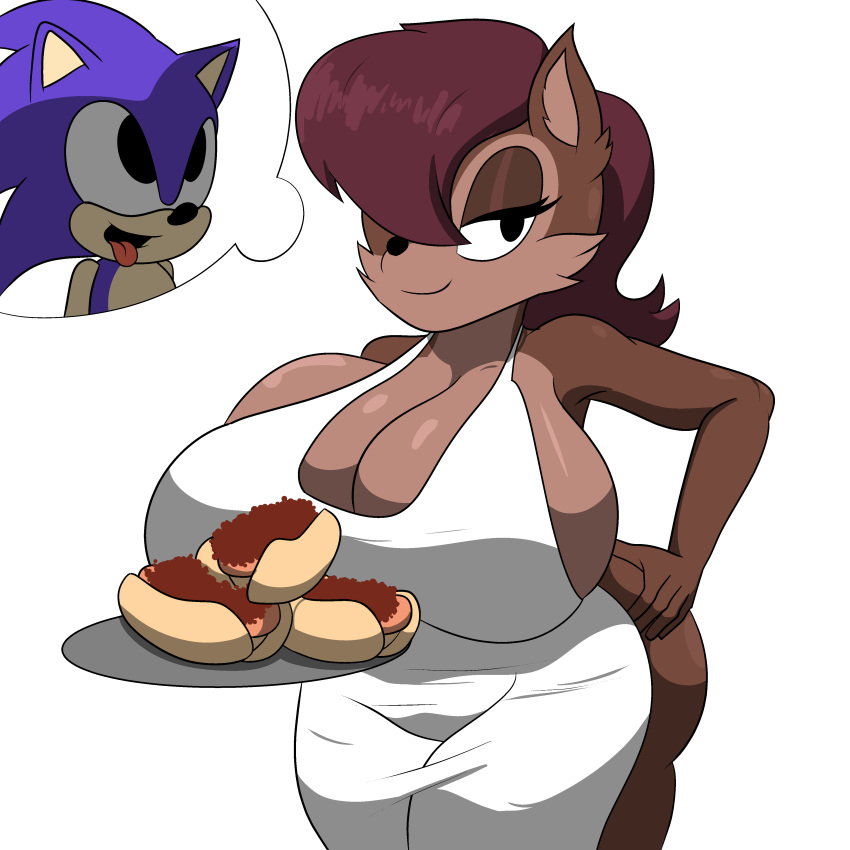 1boy 1girls animal_ears anthro apron archie_comics big_breasts black_eyes black_nose blue_body blue_fur blue_hair breasts brown_fur brown_hair brown_skin chili_dog chipmunk cleavage couple couple_love curvy curvy_body curvy_figure fur furry ground_squirrel hair_over_one_eye hand_on_hip happy hedgehog holding_food holding_plate large_breasts lewdr00 male/female mammal mobian naked_apron rodent sally_acorn sega short_hair smile sonic_(series) sonic_satam sonic_the_hedgehog sonic_the_hedgehog_(archie) sonic_the_hedgehog_(comics) sonic_the_hedgehog_(series) thick_thighs thighs tongue_out two_tone_body wallyroo white_background