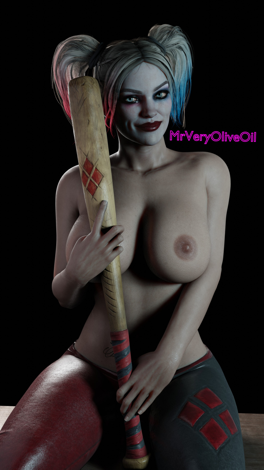 1girls 3d baseball_bat batman_(series) blender breasts dc dc_comics eye_contact female female_only harley_quinn harley_quinn_(injustice) injustice_2 mrveryoliveoil nude sitting solo